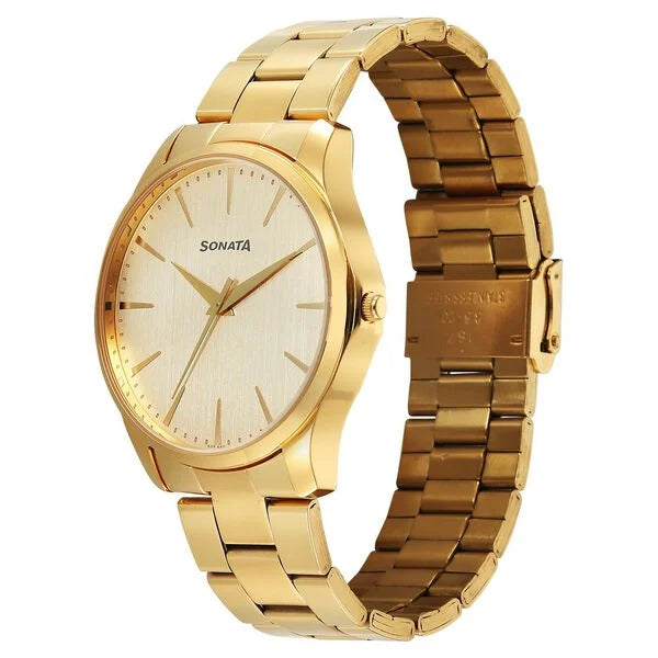 Sonata Traditional Essentials Champagne Dial Golden Watch For Men 77163ym05w