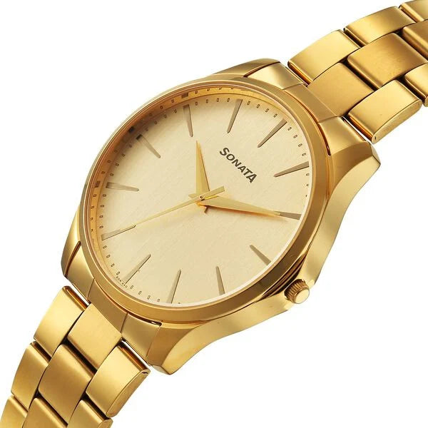 Sonata Traditional Essentials Champagne Dial Golden Watch For Men 77163ym05w