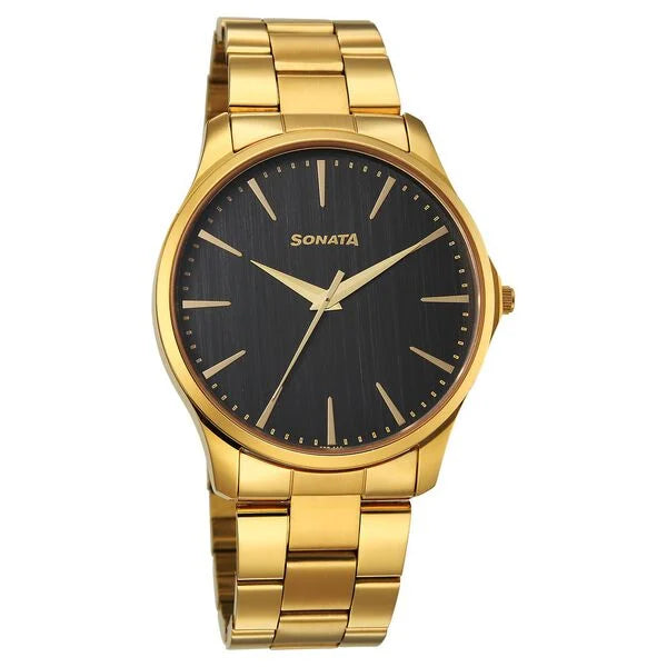 Sonata Traditional Essentials Black Dial Golden Watch For Men - 77163YM06W - KRISHNA WATCH COMPANY