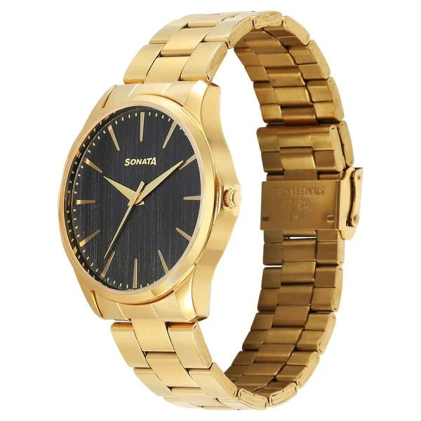 Sonata Traditional Essentials Black Dial Golden Watch For Men - 77163YM06W - KRISHNA WATCH COMPANY