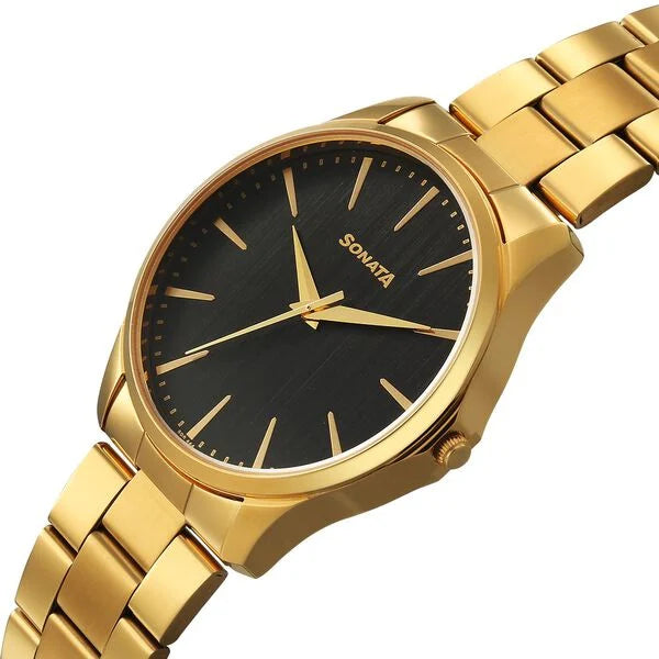 Sonata Traditional Essentials Black Dial Golden Watch For Men - 77163YM06W - KRISHNA WATCH COMPANY