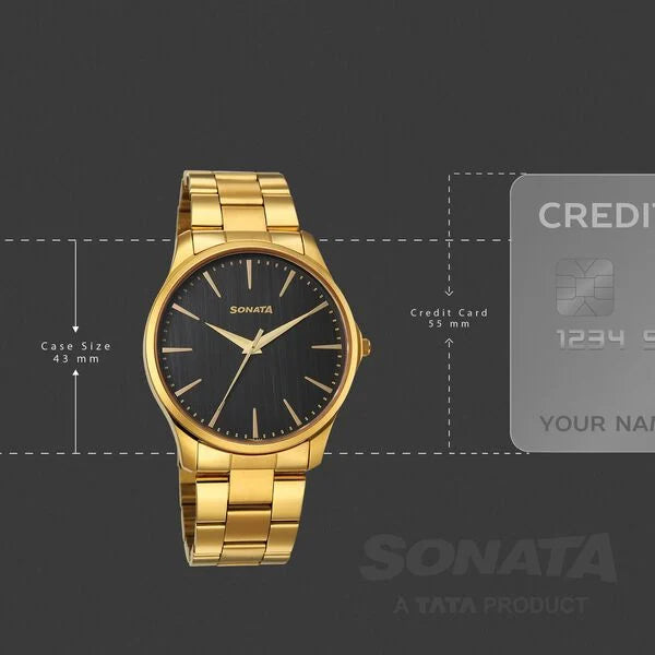 Sonata Traditional Essentials Black Dial Golden Watch For Men - 77163YM06W - KRISHNA WATCH COMPANY