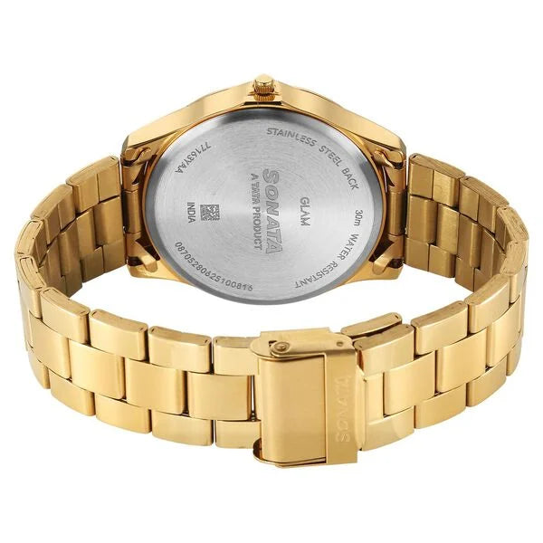 Sonata Traditional Essentials Black Dial Golden Watch For Men - 77163YM06W - KRISHNA WATCH COMPANY