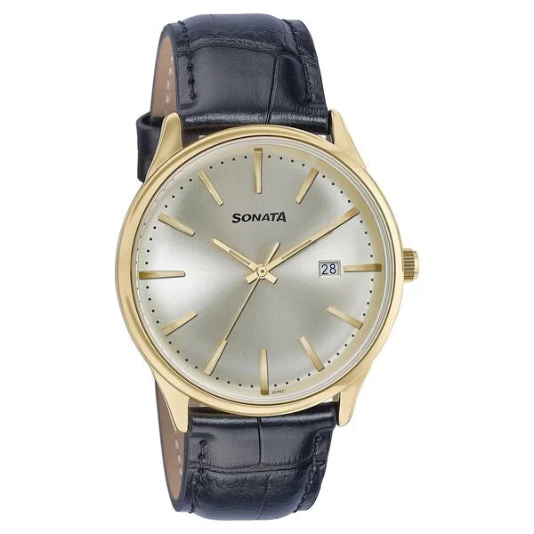 Sonata Wedding Edit Quartz Analog with Date Golden Dial Leather Strap Watch For Men 77166yl01 - KRISHNA WATCH COMPANY