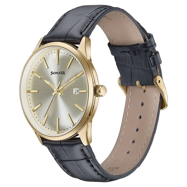 Sonata Wedding Edit Quartz Analog with Date Golden Dial Leather Strap Watch For Men 77166yl01 - KRISHNA WATCH COMPANY