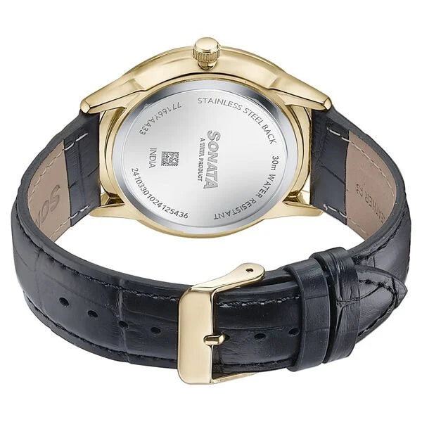 Sonata Wedding Edit Quartz Analog with Date Golden Dial Leather Strap Watch For Men 77166yl01 - KRISHNA WATCH COMPANY