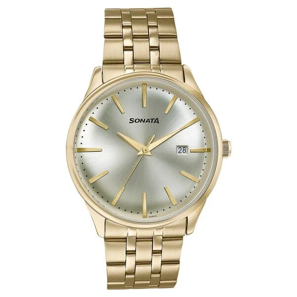 Sonata Wedding Edit Quartz Analog with Date Golden Dial Stainless Steel Strap Watch For Men 77166ym01 - KRISHNA WATCH COMPANY