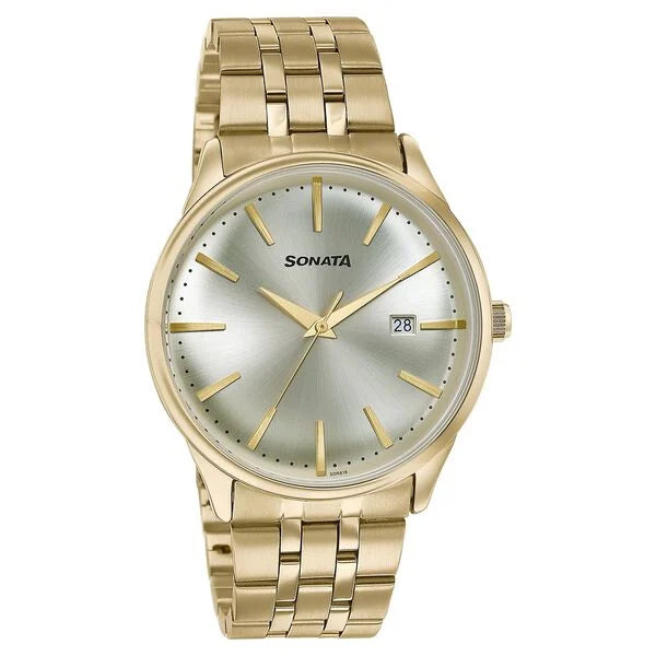 Sonata Wedding Edit Quartz Analog with Date Golden Dial Stainless Steel Strap Watch For Men 77166ym01 - KRISHNA WATCH COMPANY