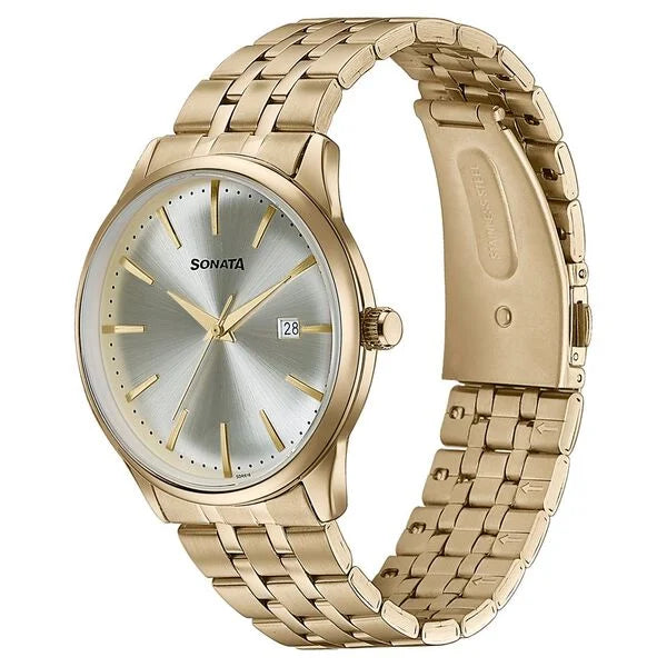 Sonata Wedding Edit Quartz Analog with Date Golden Dial Stainless Steel Strap Watch For Men 77166ym01 - KRISHNA WATCH COMPANY