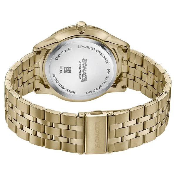 Sonata Wedding Edit Quartz Analog with Date Golden Dial Stainless Steel Strap Watch For Men 77166ym01 - KRISHNA WATCH COMPANY