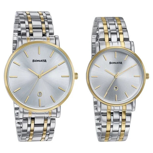 Sonata Wedding Edit Quartz Analog with Date Silver Dial Stainless Steel Strap Watch For Pair 7716787086bm01 - KRISHNA WATCH COMPANY