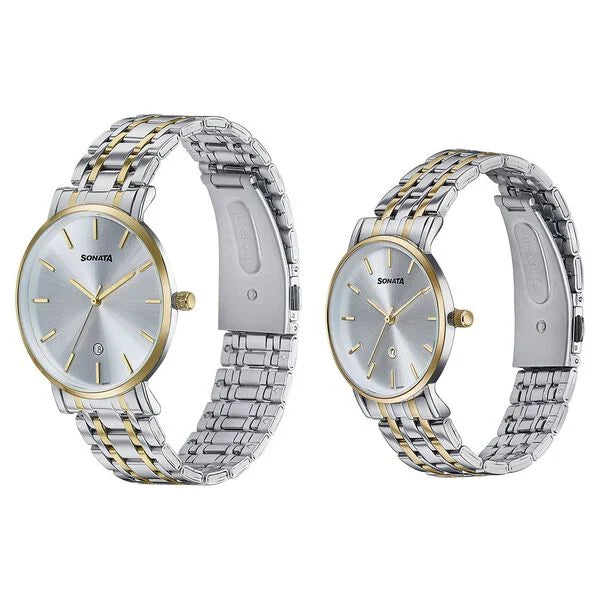 Sonata Wedding Edit Quartz Analog with Date Silver Dial Stainless Steel Strap Watch For Pair 7716787086bm01 - KRISHNA WATCH COMPANY