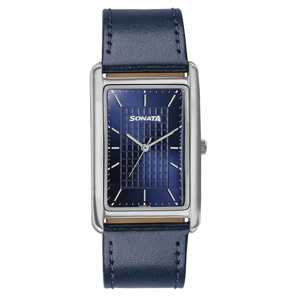 Sonata Ascent Blue Rectangular Watch with Blue Leather Strap 77196sl03