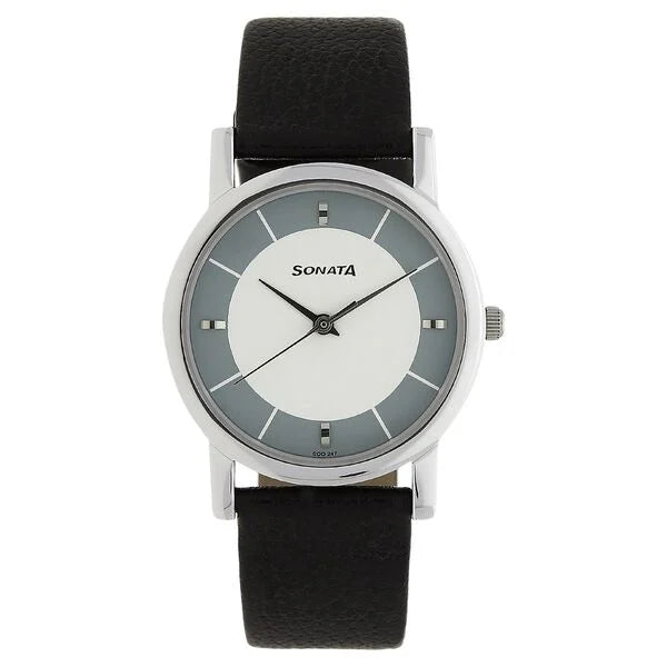 Sonata Quartz Analog White Dial Leather Strap Watch for Men - 7987SL01W
