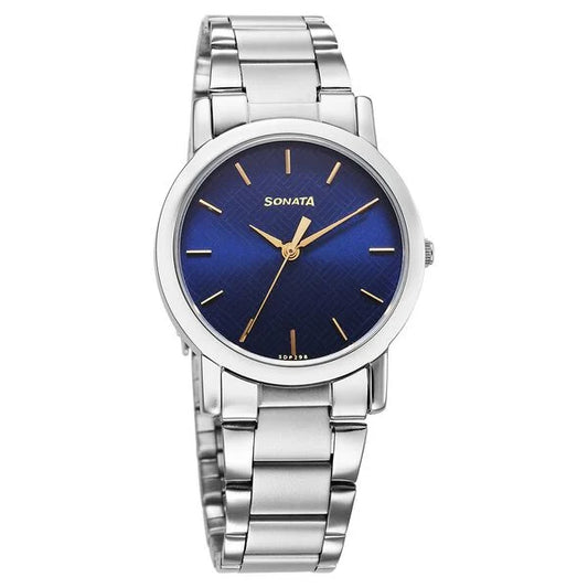 Sonata Classic Quartz Analog Blue Dial Silver Stainless Steel Strap Watch for Men 7987SM06w