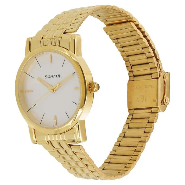 Sonata White Dial Golden Metal Strap Watch - 7987YM05W - KRISHNA WATCH COMPANY