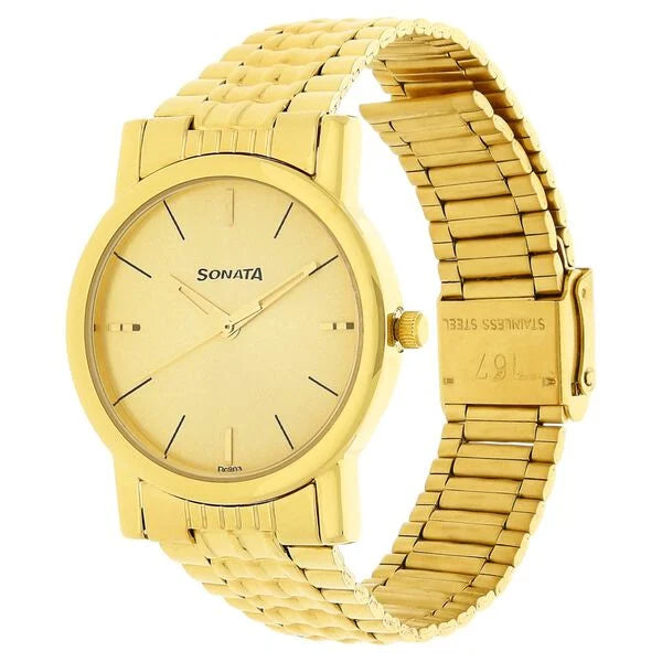 Sonata Champagne Dial Golden Stainless Steel Strap Watch - 7987YM06W - KRISHNA WATCH COMPANY