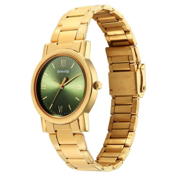 Sonata Classic Quartz Analog Green Dial Golden Stainless Steel Strap Watch for Men 7987ym15 - KRISHNA WATCH COMPANY