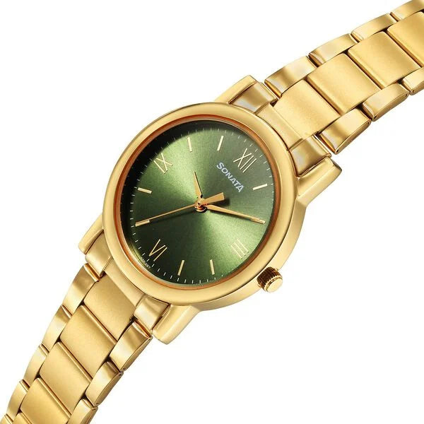 Sonata Classic Quartz Analog Green Dial Golden Stainless Steel Strap Watch for Men 7987ym15 - KRISHNA WATCH COMPANY