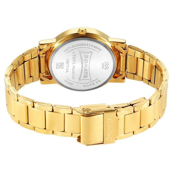 Sonata Classic Quartz Analog Green Dial Golden Stainless Steel Strap Watch for Men 7987ym15 - KRISHNA WATCH COMPANY