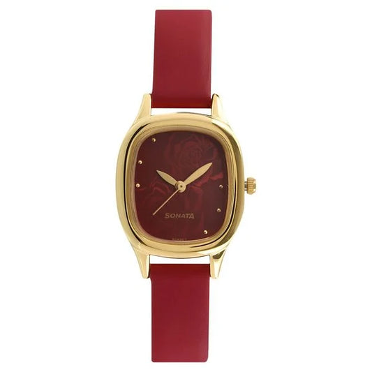 Sonata Quartz Analog Red Dial Leather Strap Watch for Women - 8060YL03