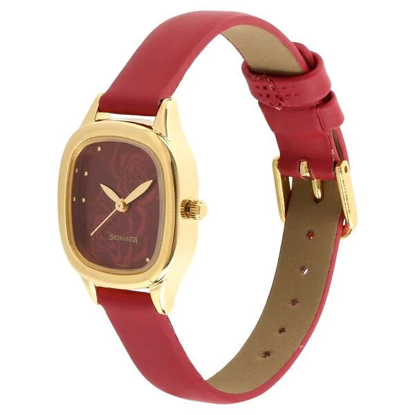 Sonata Quartz Analog Red Dial Leather Strap Watch for Women - 8060YL03 - KRISHNA WATCH COMPANY