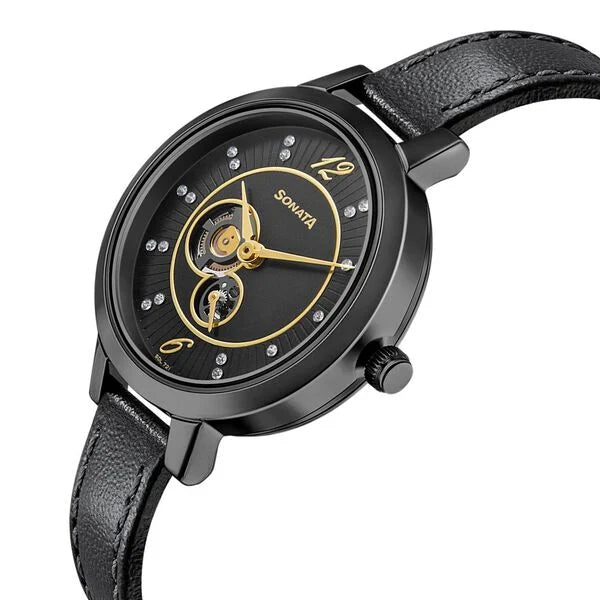 Sonata Unveil Black Dial Women Watch With Leather Strap 8141nl03 - KRISHNA WATCH COMPANY