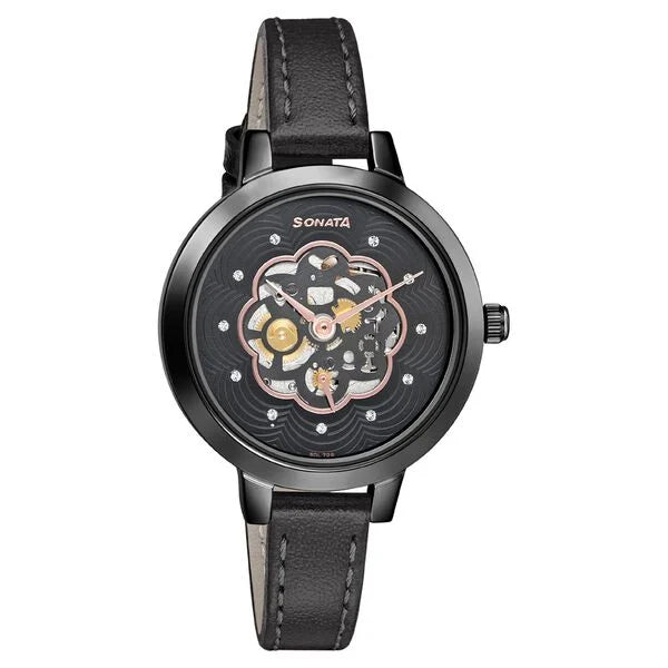 Sonata Unveil Black Dial Women Watch With Leather Strap - 8141NL04 - KRISHNA WATCH COMPANY
