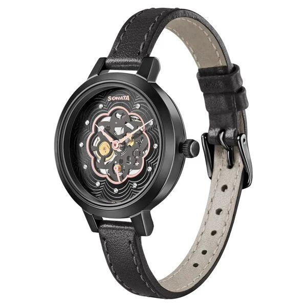 Sonata Unveil Black Dial Women Watch With Leather Strap - 8141NL04 - KRISHNA WATCH COMPANY