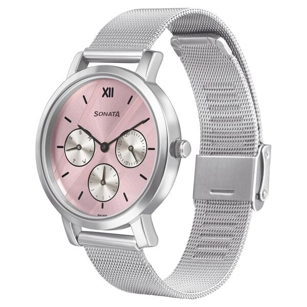 Sonata Multifunctions Pink Dial Women Watch With Metal Strap - 8164SM03 - KRISHNA WATCH COMPANY