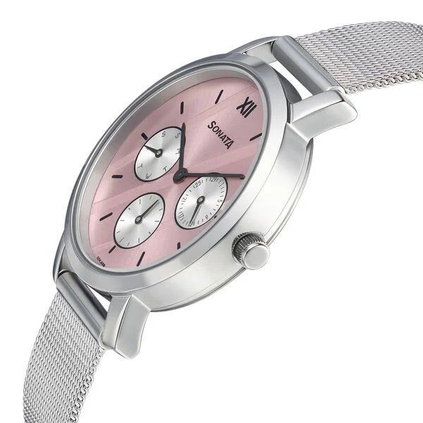 Sonata Multifunctions Pink Dial Women Watch With Metal Strap - 8164SM03 - KRISHNA WATCH COMPANY