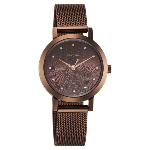 Sonata Quartz Analog Brown Stainless Steel Strap for Women 8174QM02 - KRISHNA WATCH COMPANY