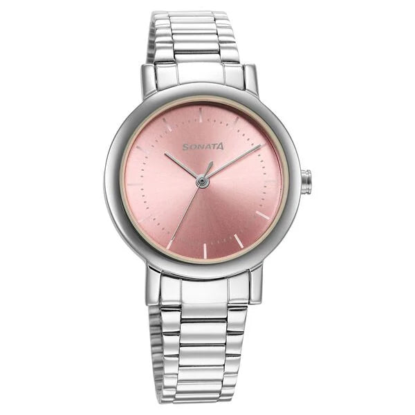 Sonata Ladies Essentials Pink Dial Stainless Steel Strap Watch for Women 8174sm03 - KRISHNA WATCH COMPANY
