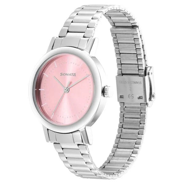 Sonata Ladies Essentials Pink Dial Stainless Steel Strap Watch for Women 8174sm03 - KRISHNA WATCH COMPANY