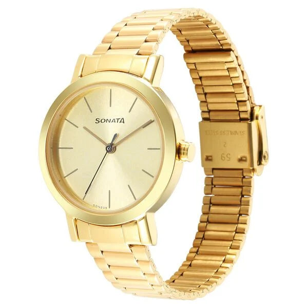 Sonata Essentials Champagne Dial Stainless Steel Strap Watch for Women 8174YM03 - KRISHNA WATCH COMPANY