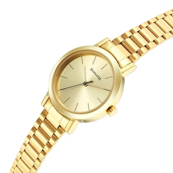 Sonata Essentials Champagne Dial Stainless Steel Strap Watch for Women 8174YM03 - KRISHNA WATCH COMPANY