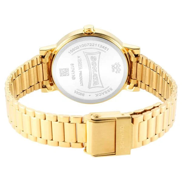 Sonata Essentials Champagne Dial Stainless Steel Strap Watch for Women 8174YM03 - KRISHNA WATCH COMPANY