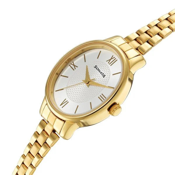 Sonata ClassicGold Silver Dial Metal Strap Watch for Women 8179YM01 - KRISHNA WATCH COMPANY