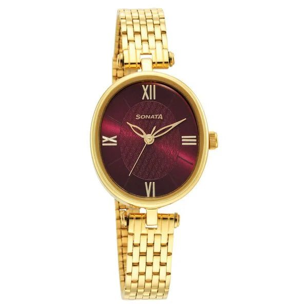 Sonata Classic Gold Maroon Dial Metal Strap Watch for Women 8181ym01 - KRISHNA WATCH COMPANY