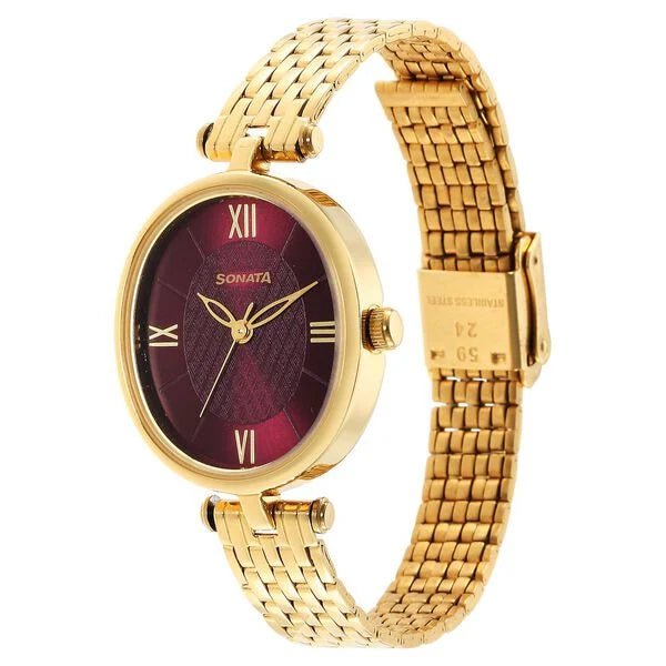 Sonata Classic Gold Maroon Dial Metal Strap Watch for Women 8181ym01 - KRISHNA WATCH COMPANY