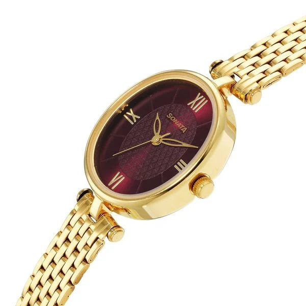 Sonata Classic Gold Maroon Dial Metal Strap Watch for Women 8181ym01 - KRISHNA WATCH COMPANY