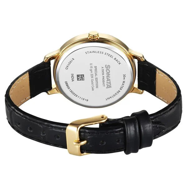 Sonata’s first ever watch embedded with a 22kt 0.15 gms gold coin on the dial watch for Women - 8190YL01 - KRISHNA WATCH COMPANY