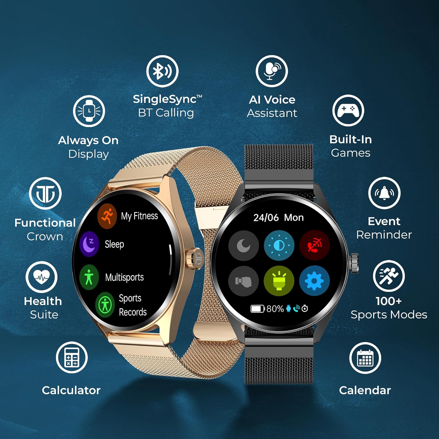 Titan Crest with 3.63 cm AMOLED Display with AOD, Functional Crown, BT Calling, Premium Smartwatch with Teal Strap 90197ap03 - KRISHNA WATCH COMPANY