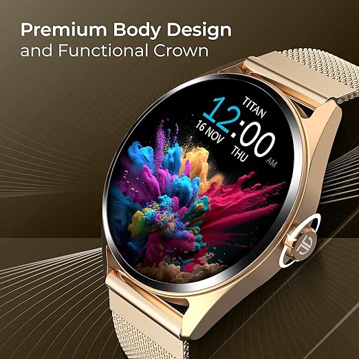 Titan Crest with 3.63 cm AMOLED Display with AOD, Functional Crown, BT Calling Smartwatch with Brown Leather Strap 90197al02 - KRISHNA WATCH COMPANY