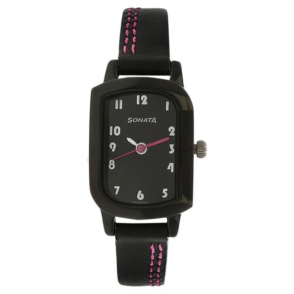 Sonata Quartz Analog Black Dial Leather Strap Watch for Women ns87001nl01 / 87001nl01 - KRISHNA WATCH COMPANY