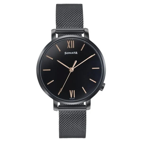 Sonata Elegent Essentials Quartz Analog Black Dial Stainless Steel Strap Watch For Women 87045nm01w - KRISHNA WATCH COMPANY
