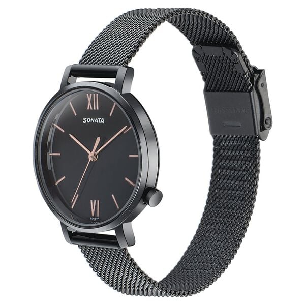 Sonata Elegent Essentials Quartz Analog Black Dial Stainless Steel Strap Watch For Women 87045nm01w - KRISHNA WATCH COMPANY