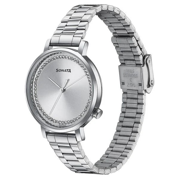 Sonata Elegent Essentials Quartz Analog Silver Dial Stainless Steel Strap Watch For Women 87045sm03w - KRISHNA WATCH COMPANY