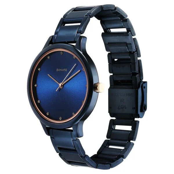 Sonata Blush Quartz Analog Blue dial Stainless Steel Strap Watch for Women 87050km04 - KRISHNA WATCH COMPANY