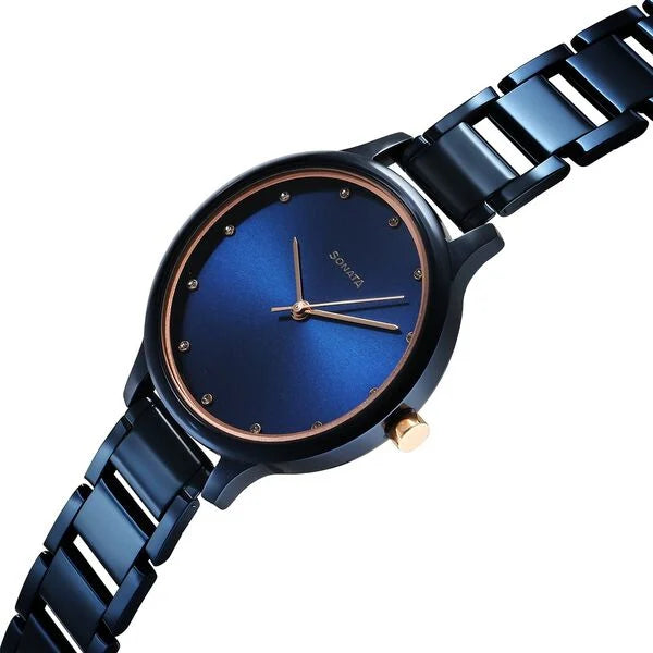 Sonata Blush Quartz Analog Blue dial Stainless Steel Strap Watch for Women 87050km04 - KRISHNA WATCH COMPANY